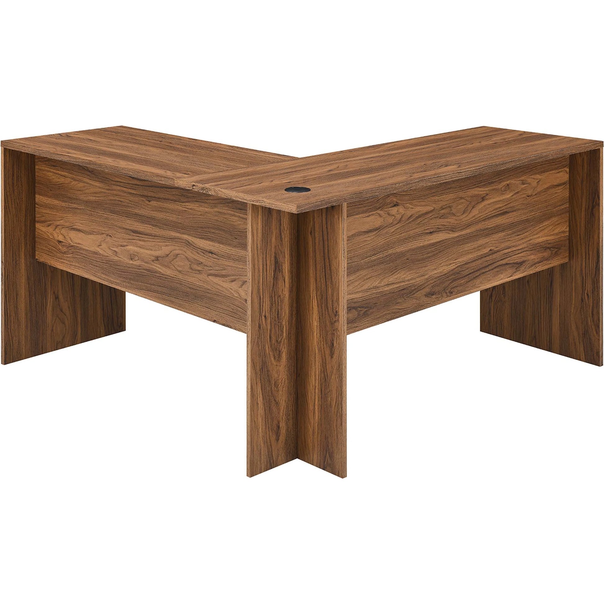 Nicholas L-Shaped Wood Office Desk by Evans & Londeen in walnut. Made from particle board, mdf, engineering wood with straight profile, pp toppan walnut, paper lamination, keyboard tray, tray runner, grommet cover, weight capacity: 150