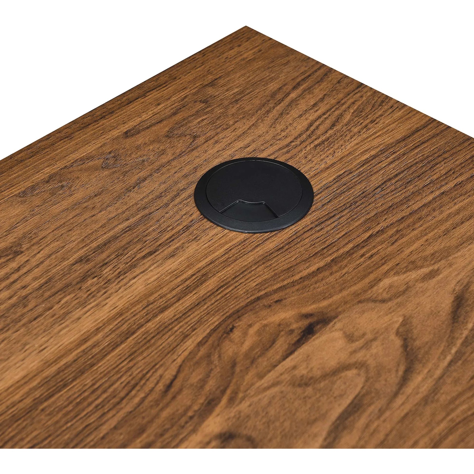 Nicholas L-Shaped Wood Office Desk by Evans & Londeen in walnut. Made from particle board, mdf, engineering wood with straight profile, pp toppan walnut, paper lamination, keyboard tray, tray runner, grommet cover, weight capacity: 150