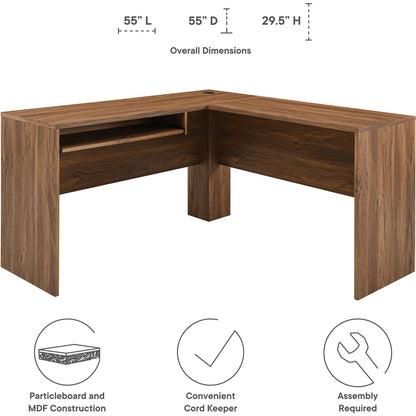 Nicholas L-Shaped Wood Office Desk by Evans & Londeen in walnut. Made from particle board, mdf, engineering wood with straight profile, pp toppan walnut, paper lamination, keyboard tray, tray runner, grommet cover, weight capacity: 150
