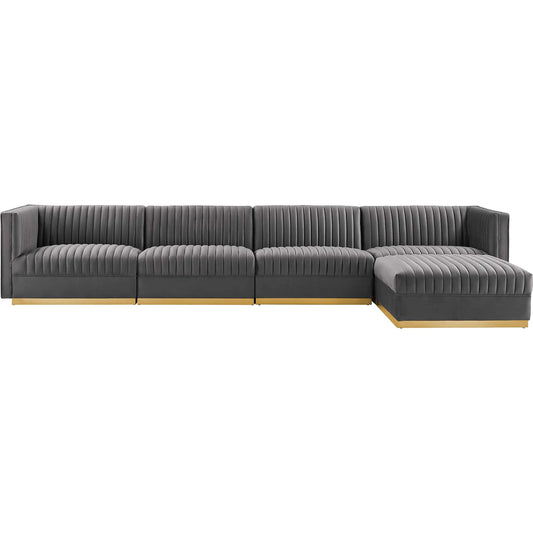 Pendleton Channel 5-Piece Modular Sectional Sofa by Evans & Londeen. Made from solid wood, zigzag spring, 100% polyester, #201 stainless steel base, plastic foot pads, plywood, solid wood frame in a modern style.