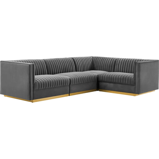 Pendleton Channel 4-Piece Right-Facing Modular Sectional Sofa by Evans & Londeen in gray. Made from solid wood, zigzag spring, 100% polyester, #201 stainless steel base, plastic foot pads, plywood, solid wood frame in a mode