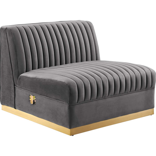 Pendleton Channel 4-Piece Right-Facing Modular Sectional Sofa by Evans & Londeen in gray. Made from solid wood, zigzag spring, 100% polyester, #201 stainless steel base, plastic foot pads, plywood, solid wood frame in a modern 