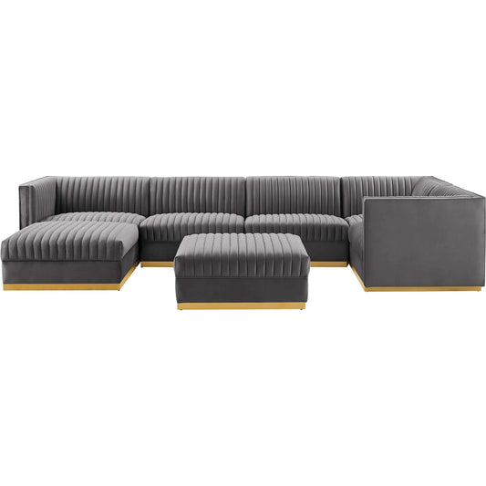 Pendleton Channel 7-Piece Right-Facing Modular Sectional Sofa by Evans & Londeen in gray. Made from solid wood, zigzag spring, 100% polyester, #201 stainless steel base, plastic foot pads, plywood, solid wood frame in a mode