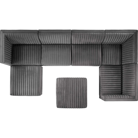 Pendleton Channel 7-Piece Right-Facing Modular Sectional Sofa by Evans & Londeen in gray. Made from solid wood, zigzag spring, 100% polyester, #201 stainless steel base, plastic foot pads, plywood, solid wood frame in a modern 