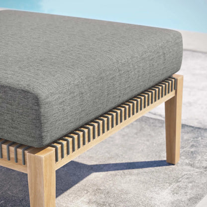 Cooper Teak Wood Ottoman by Evans & Londeen. Made from cartenza 130 white, cartenza 181 light brown, valtos 121 navy, quick dry foam, tack glides leg, weight capacity: 226kgs. in a modern style.