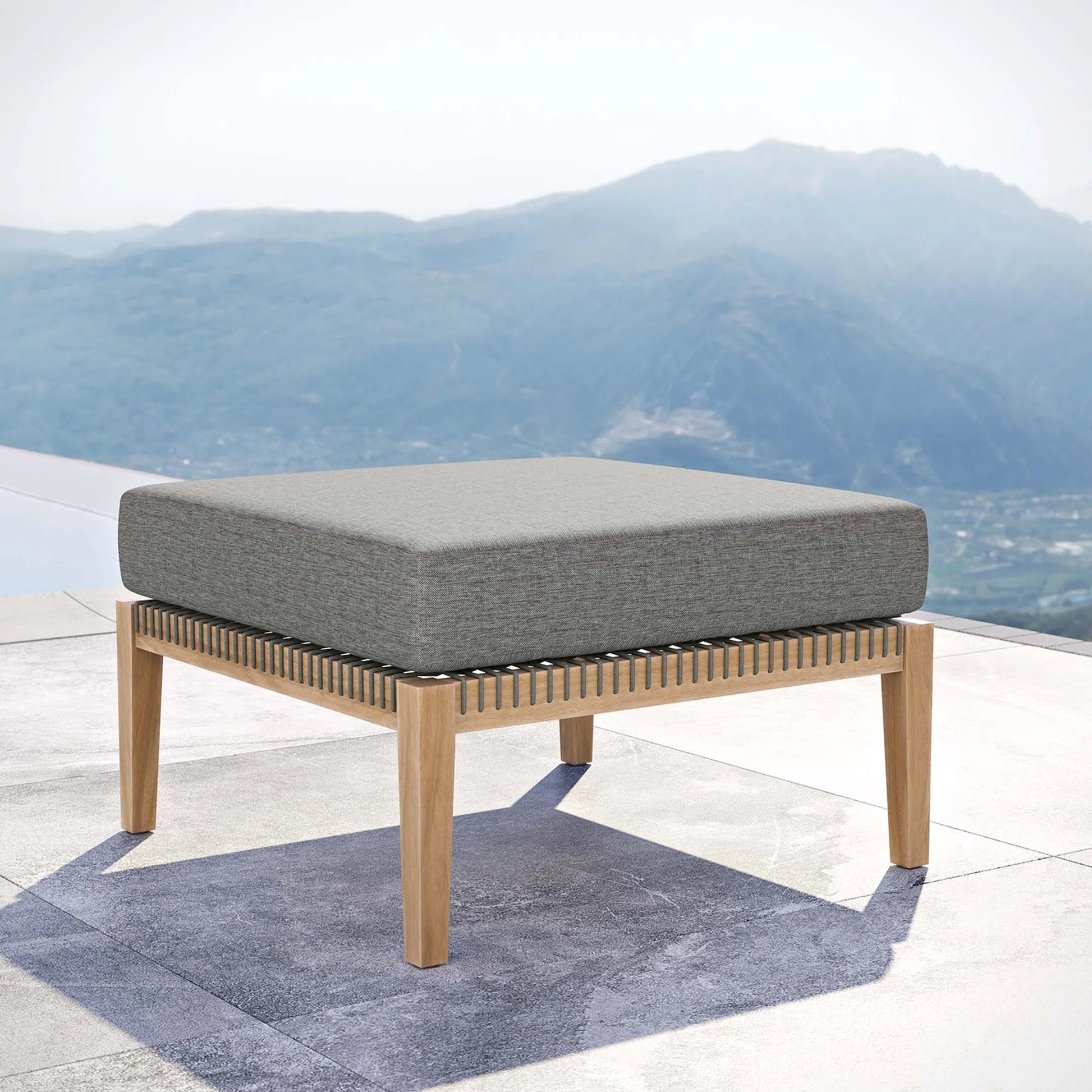 Cooper Teak Wood Ottoman by Evans & Londeen. Made from cartenza 130 white, cartenza 181 light brown, valtos 121 navy, quick dry foam, tack glides leg, weight capacity: 226kgs. in a modern style.