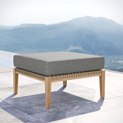 Cooper Teak Wood Ottoman by Evans & Londeen. Made from cartenza 130 white, cartenza 181 light brown, valtos 121 navy, quick dry foam, tack glides leg, weight capacity: 226kgs. in a modern style.