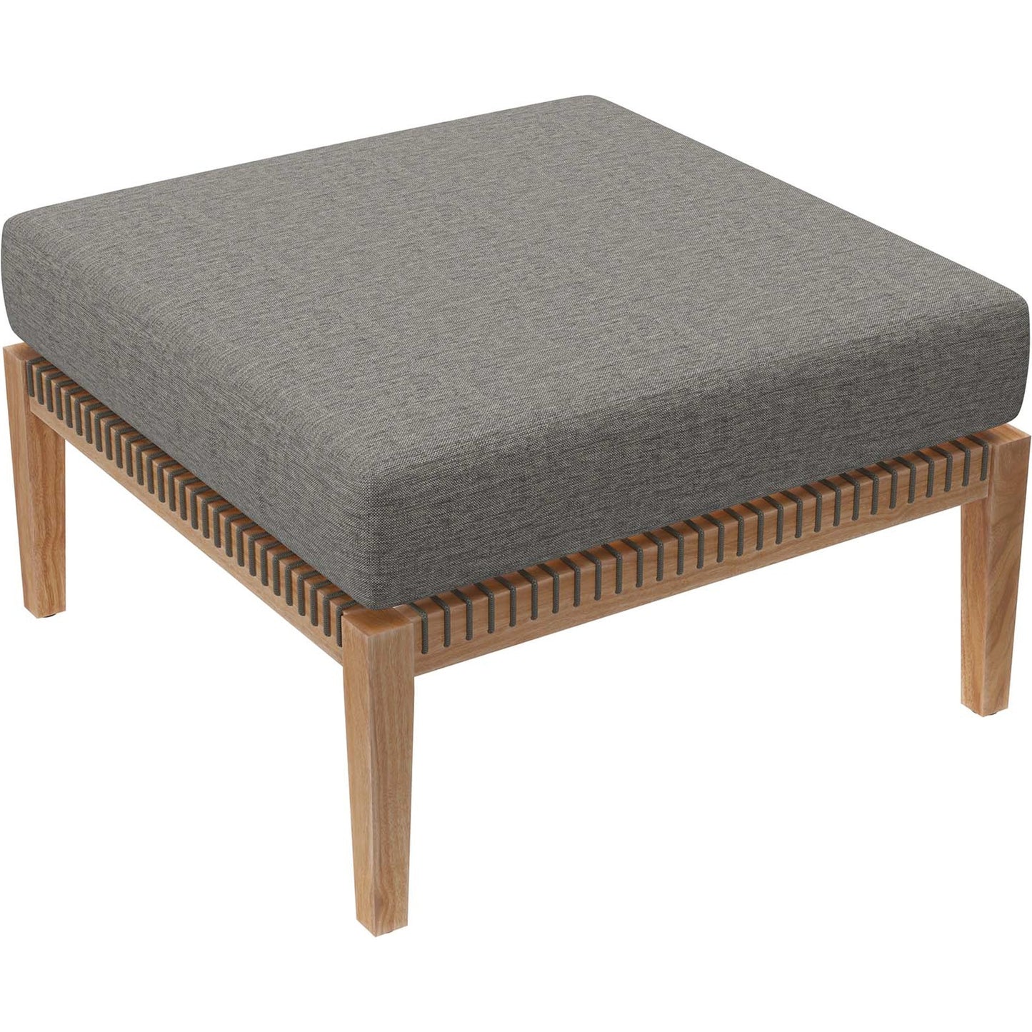 001 SI-2002577 | Primary Silo | Cooper Teak Wood Ottoman by Evans & Londeen. Made from cartenza 130 white, cartenza 181 light brown, valtos 121 navy, quick dry foam, tack glides leg, weight capacity: 226kgs. in a modern style.