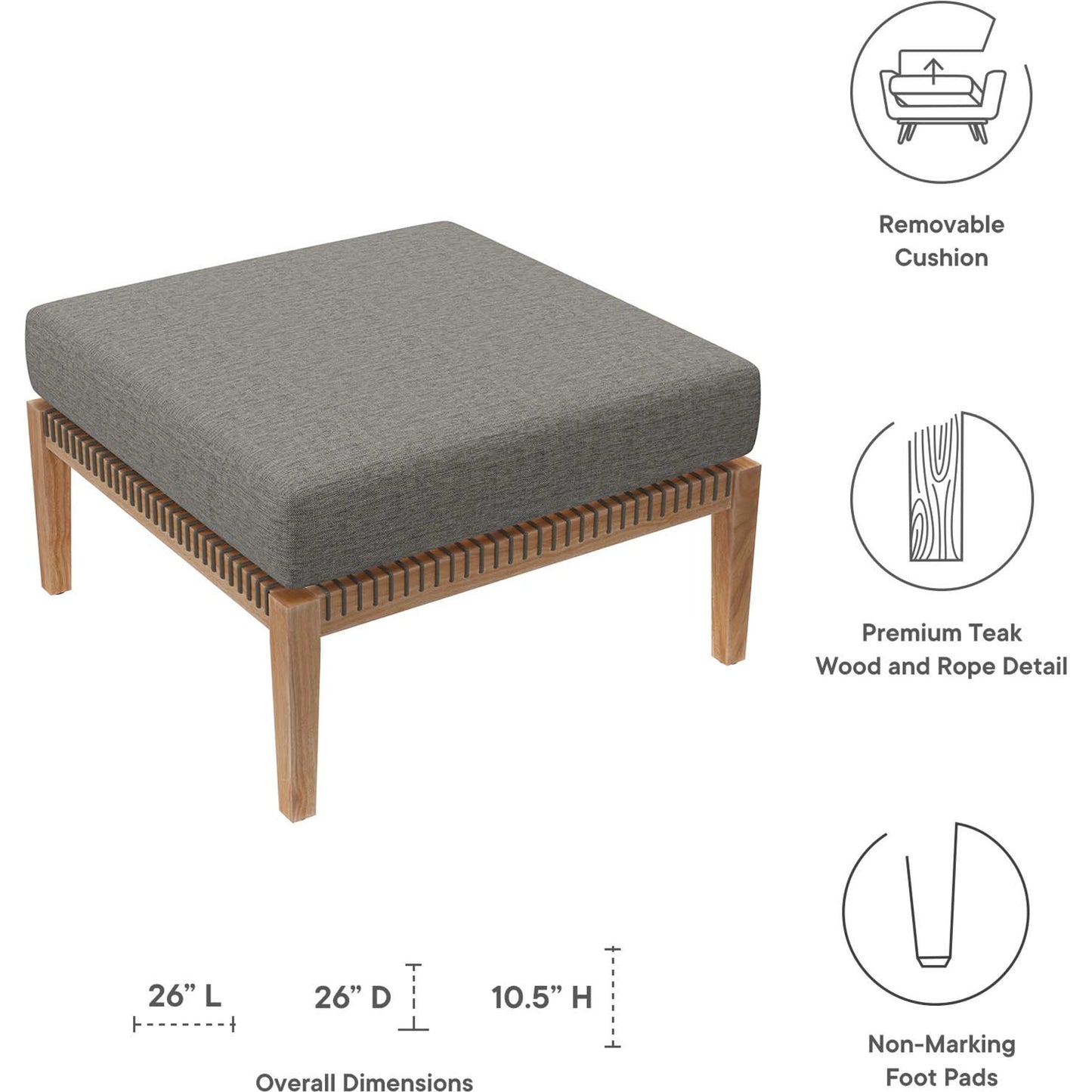009 SI-2002577 | Closeup | Cooper Teak Wood Ottoman by Evans & Londeen. Made from cartenza 130 white, cartenza 181 light brown, valtos 121 navy, quick dry foam, tack glides leg, weight capacity: 226kgs. in a modern style.
