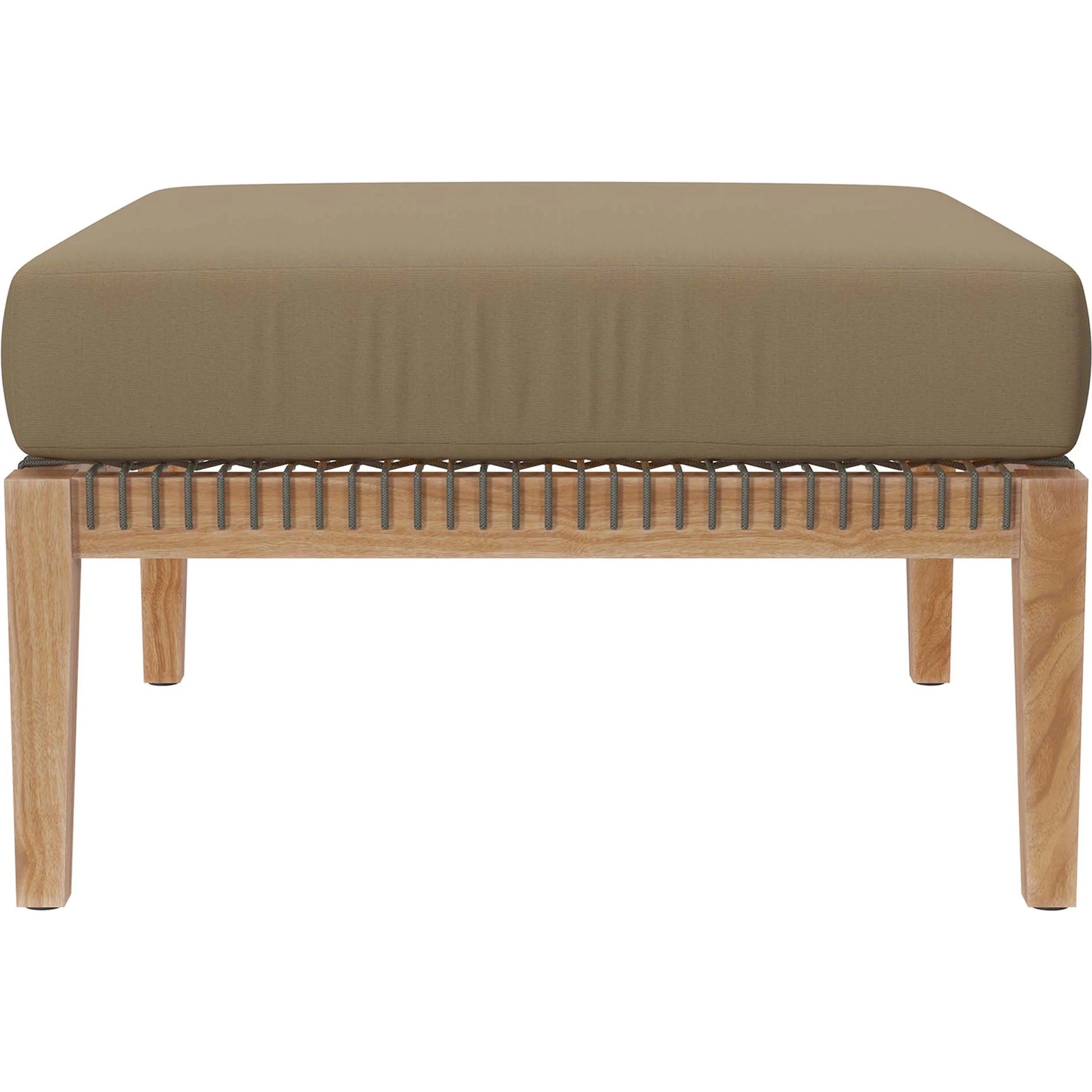 Cooper Teak Wood Ottoman by Evans & Londeen. Made from cartenza 130 white, cartenza 181 light brown, valtos 121 navy, quick dry foam, tack glides leg, weight capacity: 226kgs. in a modern style.