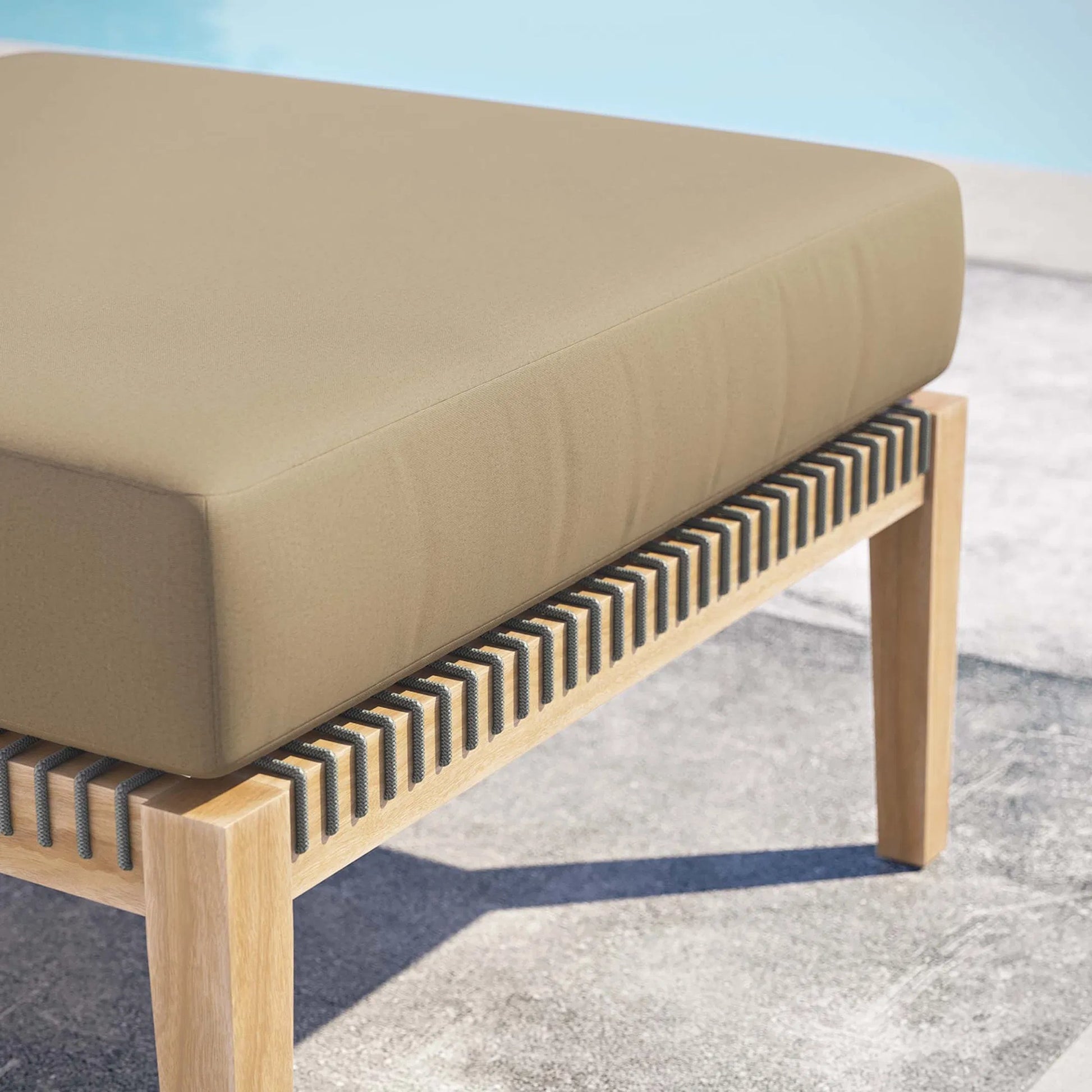 Cooper Teak Wood Ottoman by Evans & Londeen. Made from cartenza 130 white, cartenza 181 light brown, valtos 121 navy, quick dry foam, tack glides leg, weight capacity: 226kgs. in a modern style.