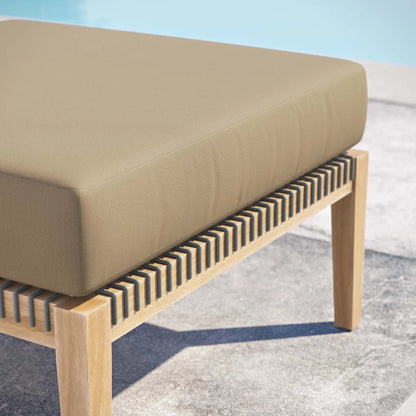 Cooper Teak Wood Ottoman by Evans & Londeen. Made from cartenza 130 white, cartenza 181 light brown, valtos 121 navy, quick dry foam, tack glides leg, weight capacity: 226kgs. in a modern style.