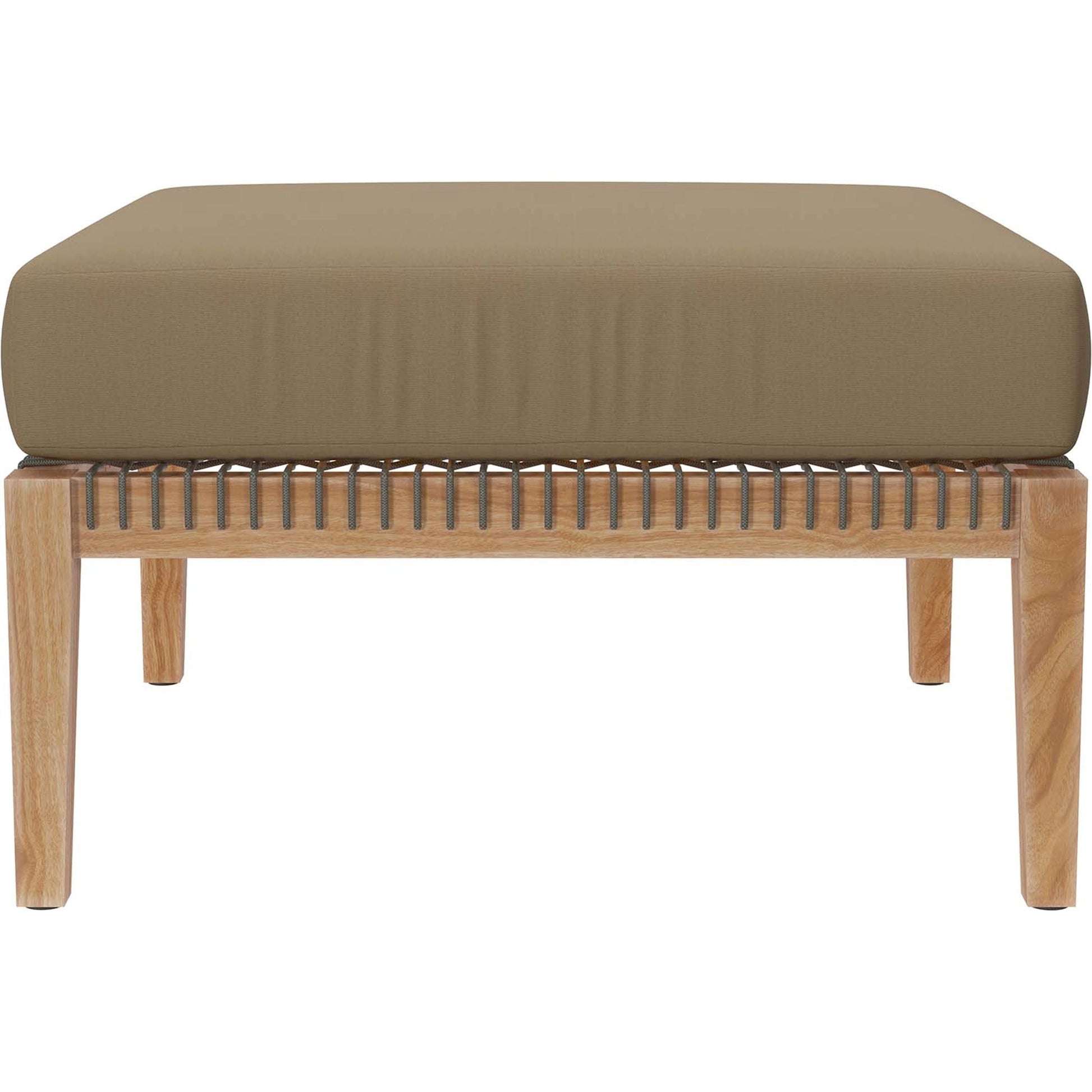 Cooper Teak Wood Ottoman by Evans & Londeen. Made from cartenza 130 white, cartenza 181 light brown, valtos 121 navy, quick dry foam, tack glides leg, weight capacity: 226kgs. in a modern style.