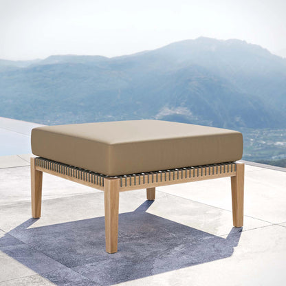 Cooper Teak Wood Ottoman by Evans & Londeen. Made from cartenza 130 white, cartenza 181 light brown, valtos 121 navy, quick dry foam, tack glides leg, weight capacity: 226kgs. in a modern style.