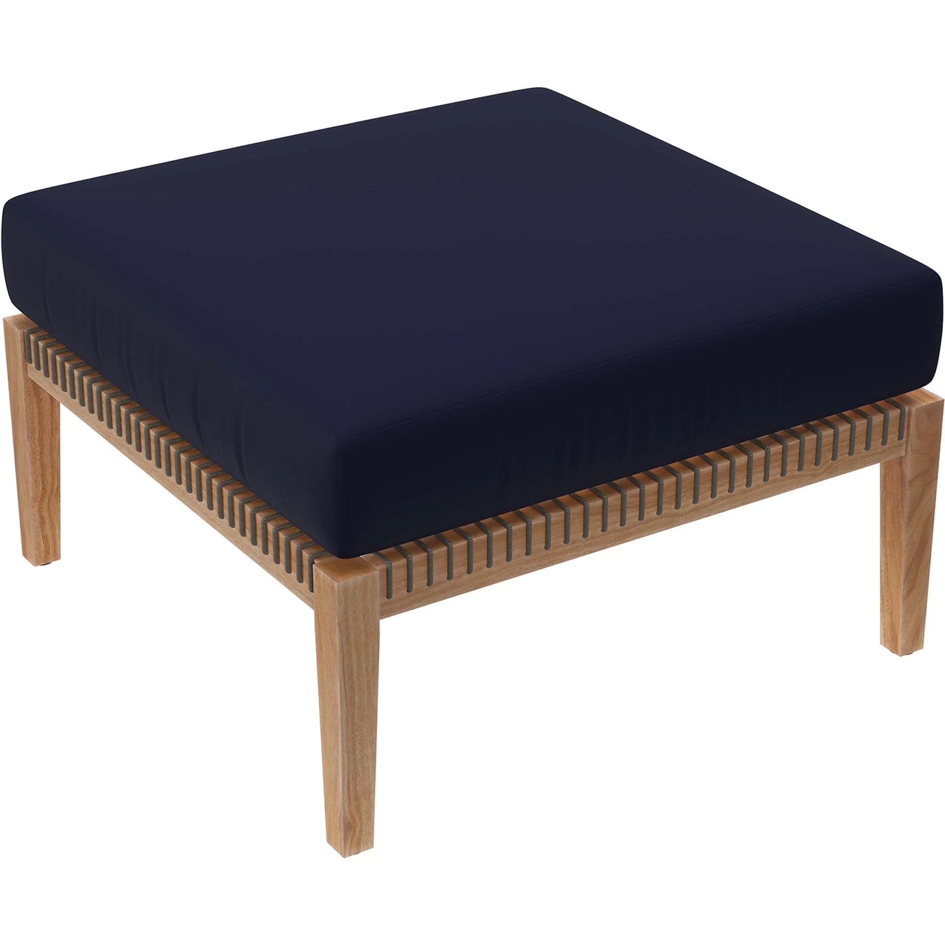 Cooper Teak Wood Ottoman by Evans & Londeen. Made from cartenza 130 white, cartenza 181 light brown, valtos 121 navy, quick dry foam, tack glides leg, weight capacity: 226kgs. in a modern style.