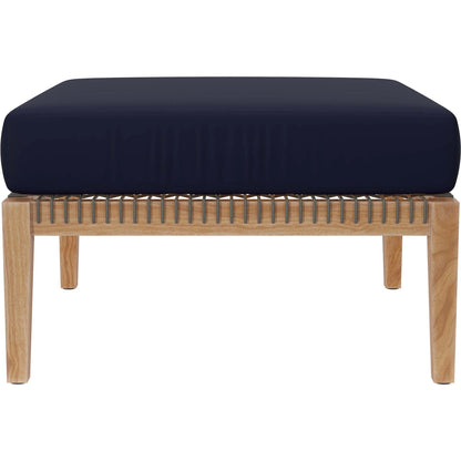 Cooper Teak Wood Ottoman by Evans & Londeen. Made from cartenza 130 white, cartenza 181 light brown, valtos 121 navy, quick dry foam, tack glides leg, weight capacity: 226kgs. in a modern style.