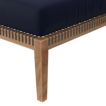 Cooper Teak Wood Ottoman by Evans & Londeen. Made from cartenza 130 white, cartenza 181 light brown, valtos 121 navy, quick dry foam, tack glides leg, weight capacity: 226kgs. in a modern style.