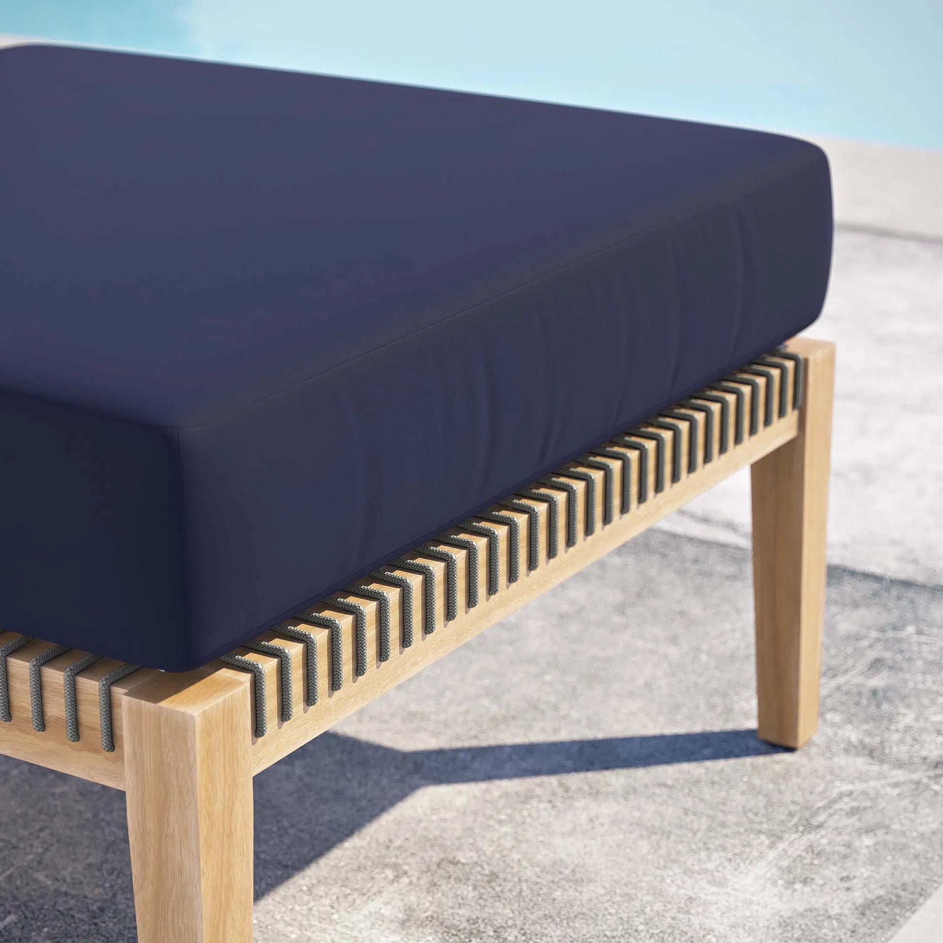 Cooper Teak Wood Ottoman by Evans & Londeen. Made from cartenza 130 white, cartenza 181 light brown, valtos 121 navy, quick dry foam, tack glides leg, weight capacity: 226kgs. in a modern style.