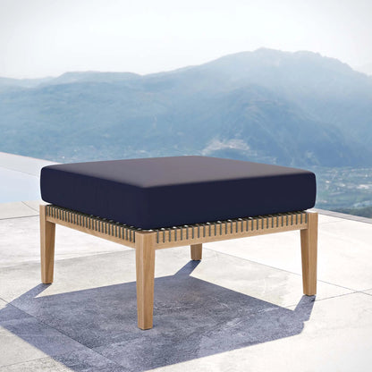 Cooper Teak Wood Ottoman by Evans & Londeen. Made from cartenza 130 white, cartenza 181 light brown, valtos 121 navy, quick dry foam, tack glides leg, weight capacity: 226kgs. in a modern style.