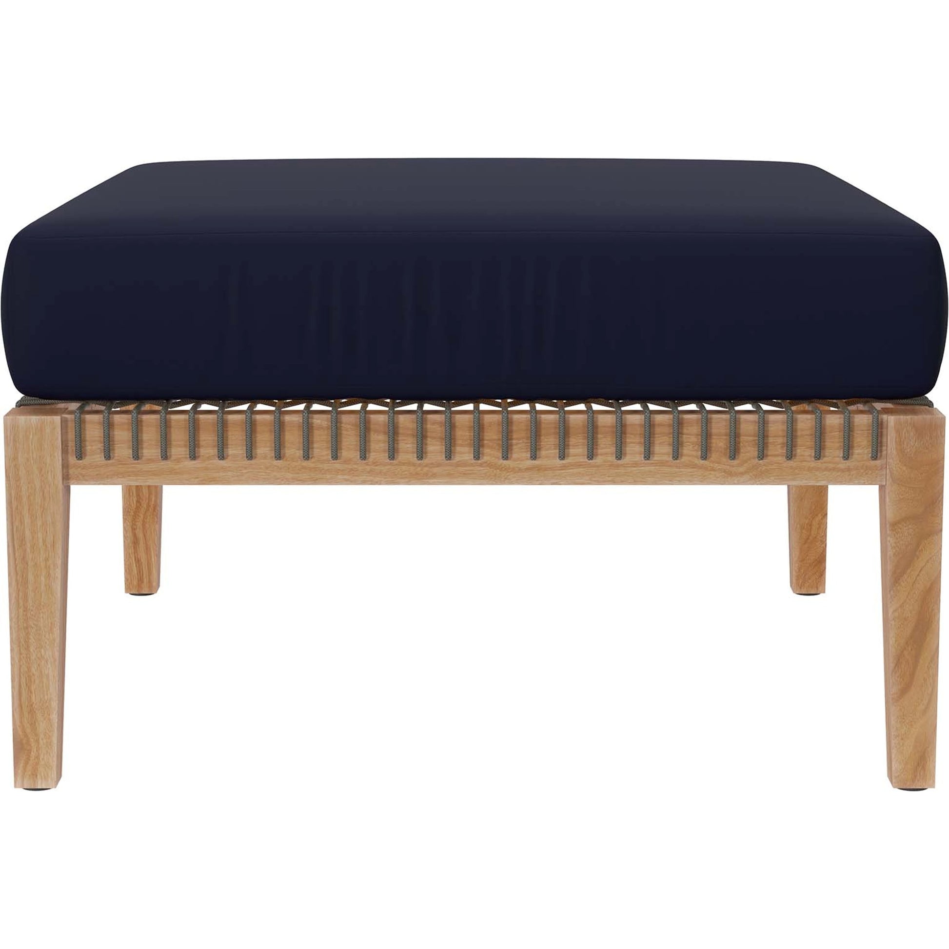 Cooper Teak Wood Ottoman by Evans & Londeen. Made from cartenza 130 white, cartenza 181 light brown, valtos 121 navy, quick dry foam, tack glides leg, weight capacity: 226kgs. in a modern style.