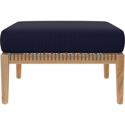 Cooper Teak Wood Ottoman by Evans & Londeen. Made from cartenza 130 white, cartenza 181 light brown, valtos 121 navy, quick dry foam, tack glides leg, weight capacity: 226kgs. in a modern style.
