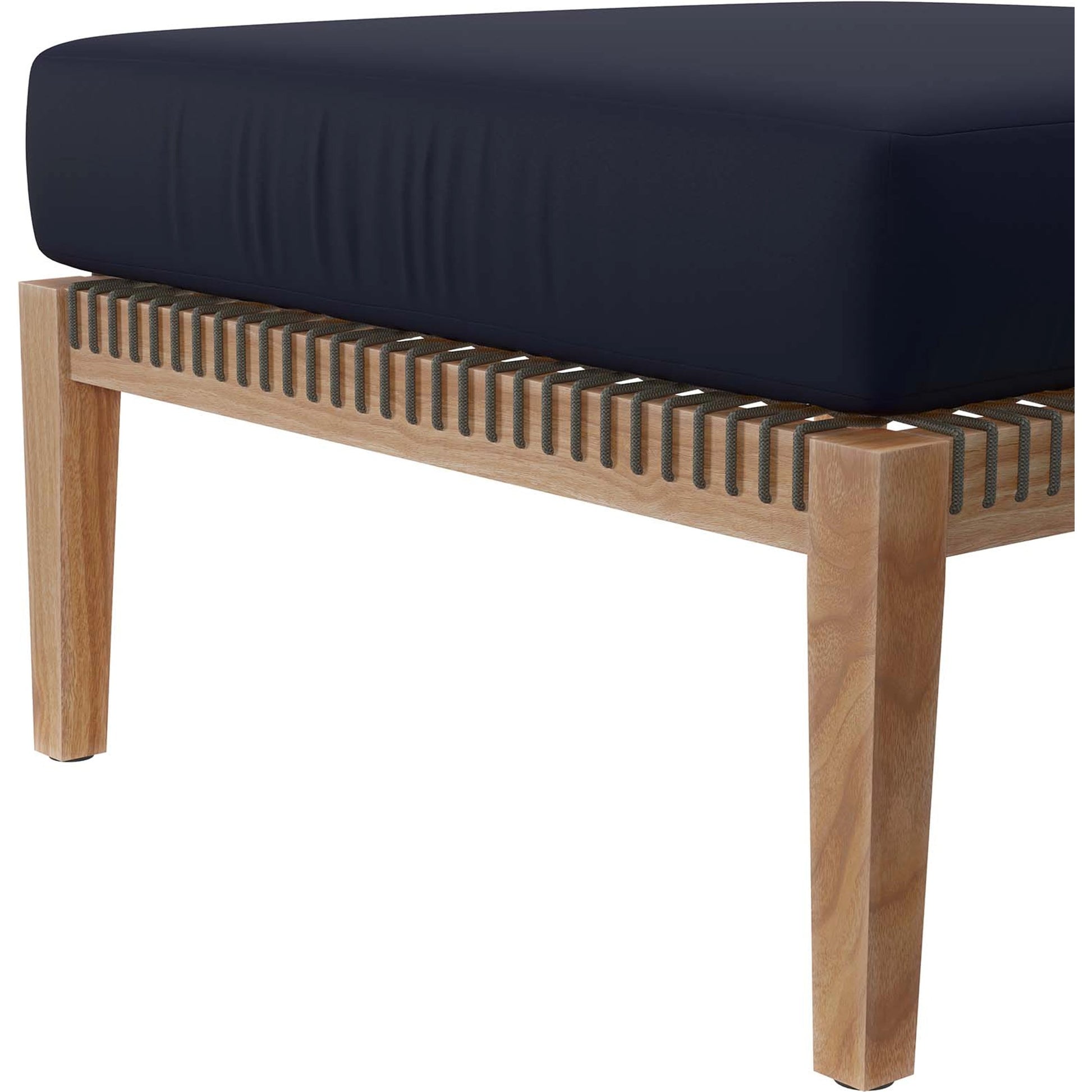 Cooper Teak Wood Ottoman by Evans & Londeen. Made from cartenza 130 white, cartenza 181 light brown, valtos 121 navy, quick dry foam, tack glides leg, weight capacity: 226kgs. in a modern style.