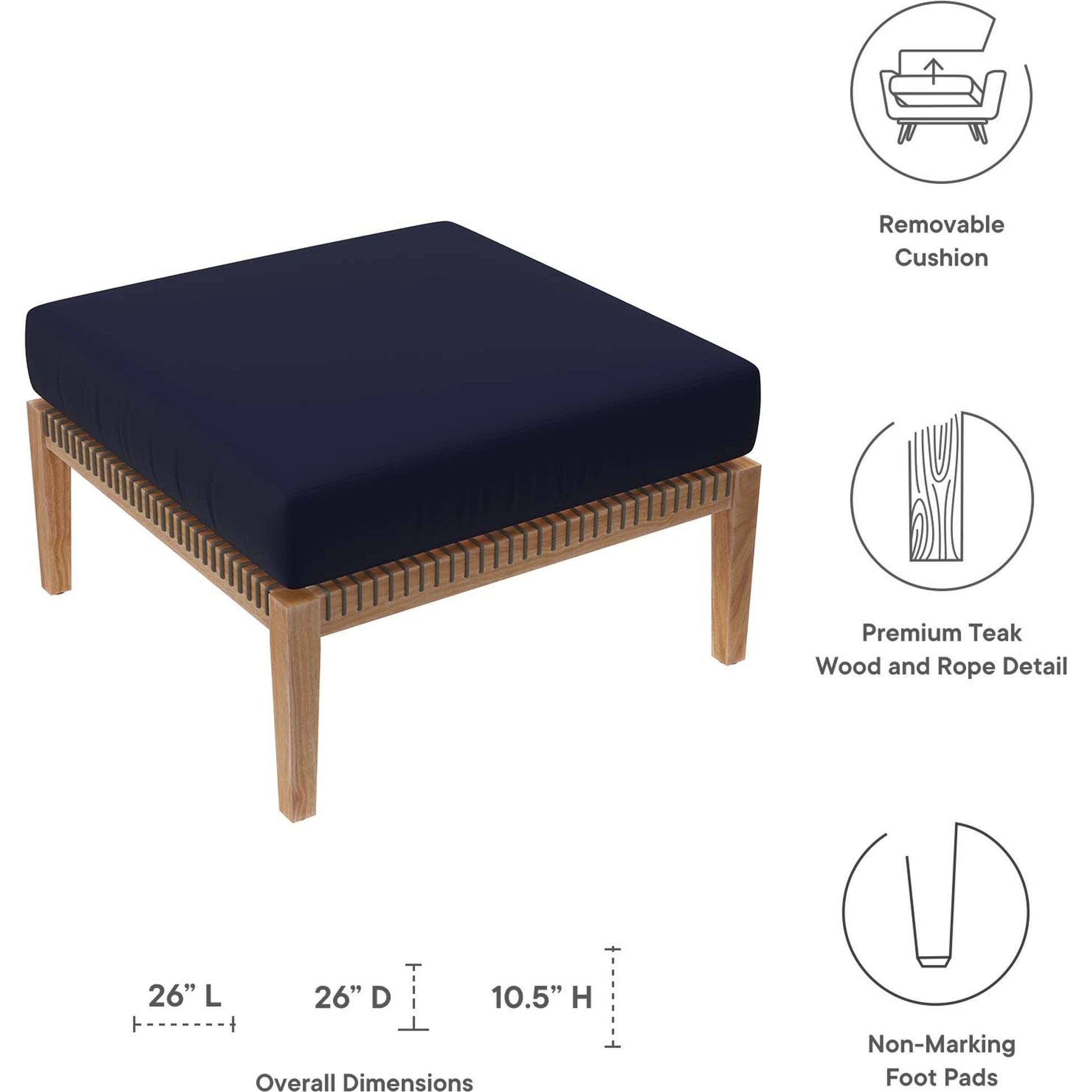 Cooper Teak Wood Ottoman by Evans & Londeen. Made from cartenza 130 white, cartenza 181 light brown, valtos 121 navy, quick dry foam, tack glides leg, weight capacity: 226kgs. in a modern style.