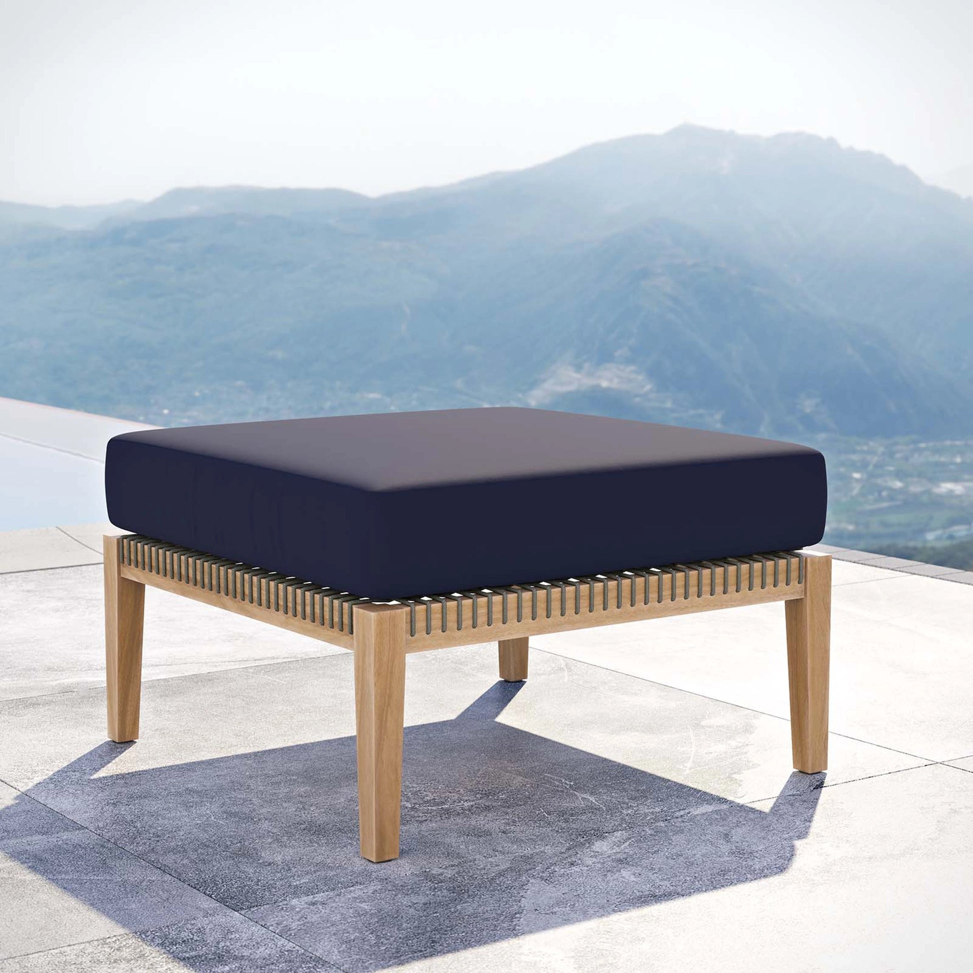 Cooper Teak Wood Ottoman by Evans & Londeen. Made from cartenza 130 white, cartenza 181 light brown, valtos 121 navy, quick dry foam, tack glides leg, weight capacity: 226kgs. in a modern style.