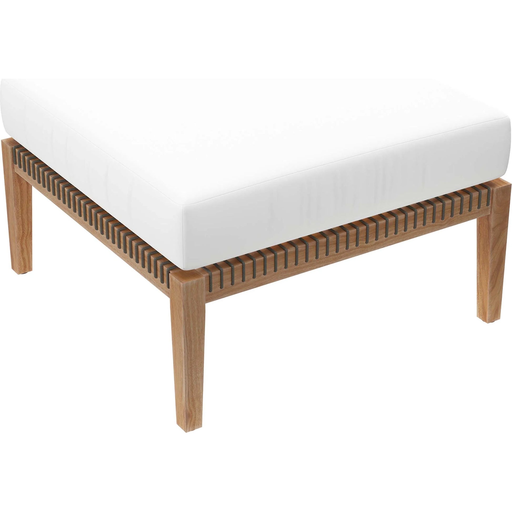 Cooper Teak Wood Ottoman by Evans & Londeen. Made from cartenza 130 white, cartenza 181 light brown, valtos 121 navy, quick dry foam, tack glides leg, weight capacity: 226kgs. in a modern style.