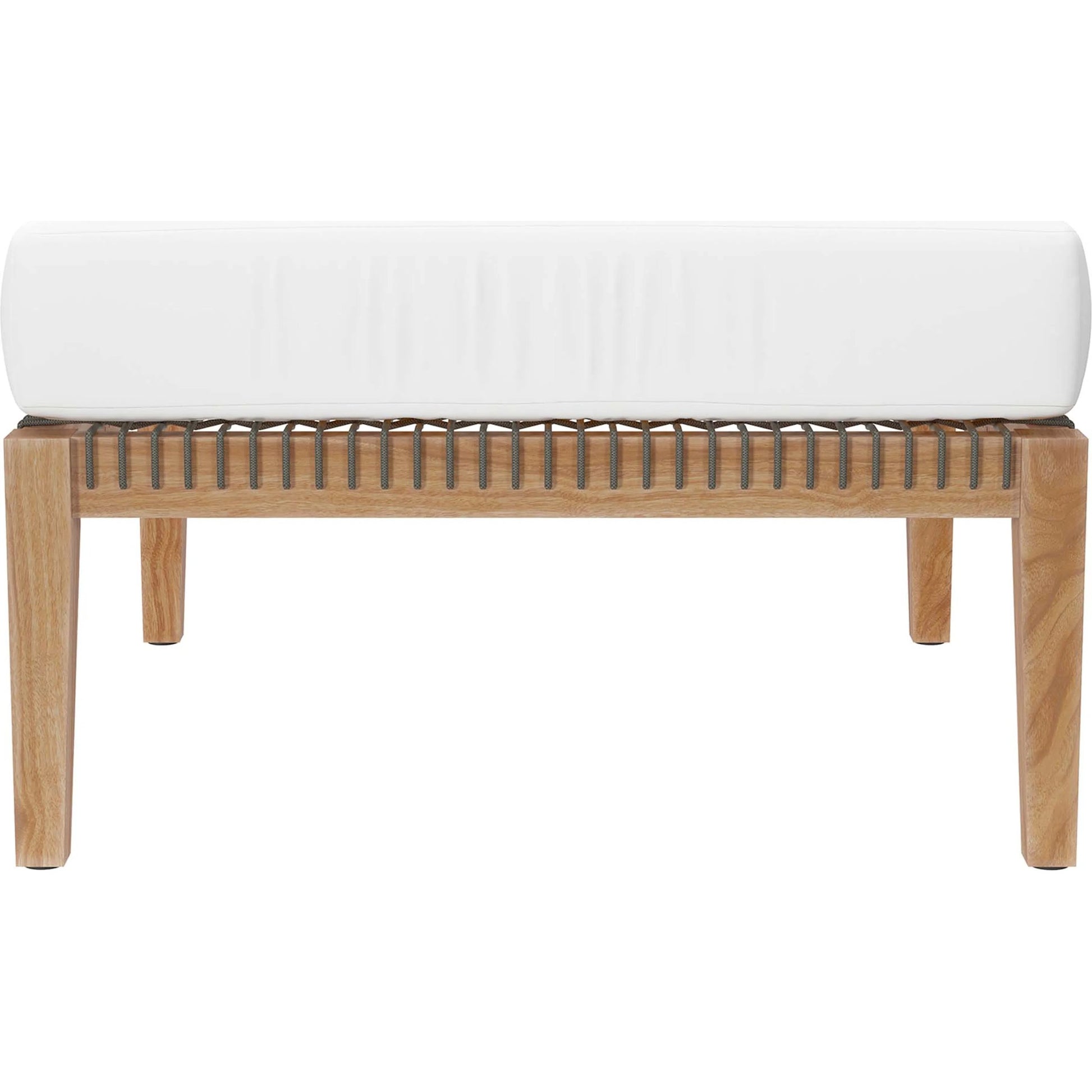 Cooper Teak Wood Ottoman by Evans & Londeen. Made from cartenza 130 white, cartenza 181 light brown, valtos 121 navy, quick dry foam, tack glides leg, weight capacity: 226kgs. in a modern style.