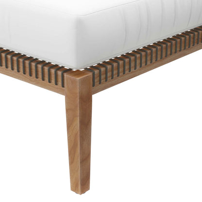 Cooper Teak Wood Ottoman by Evans & Londeen. Made from cartenza 130 white, cartenza 181 light brown, valtos 121 navy, quick dry foam, tack glides leg, weight capacity: 226kgs. in a modern style.