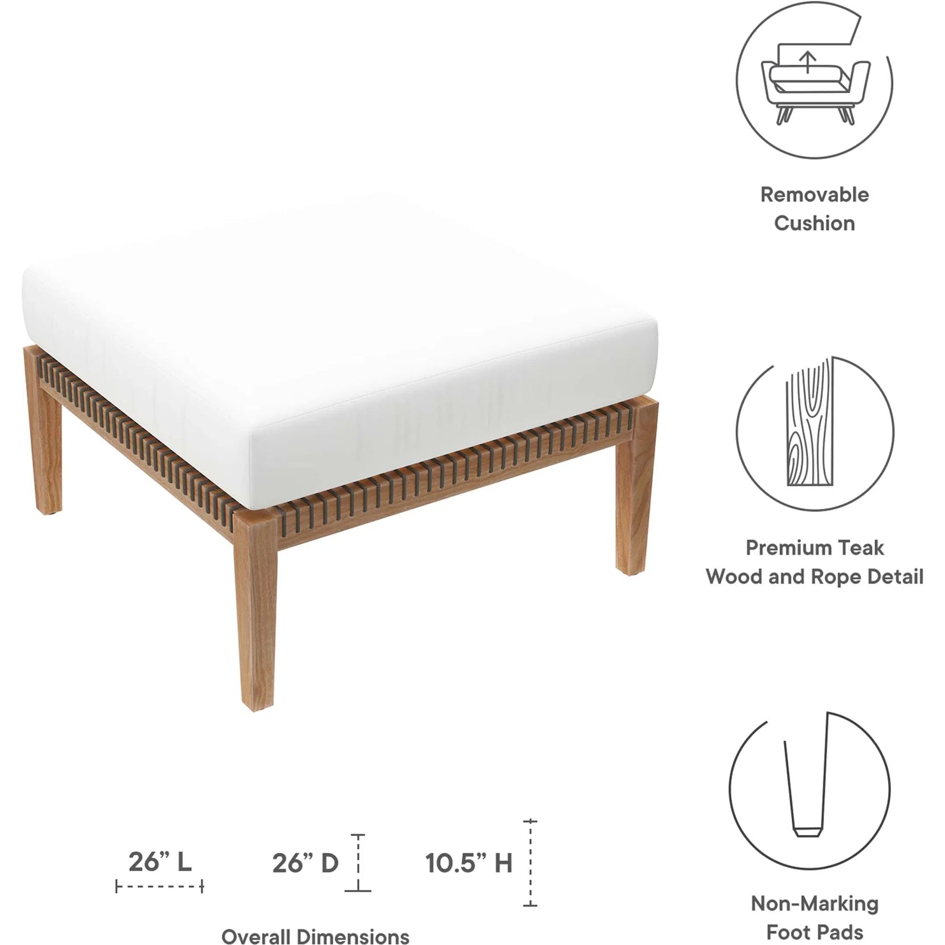 Cooper Teak Wood Ottoman by Evans & Londeen. Made from cartenza 130 white, cartenza 181 light brown, valtos 121 navy, quick dry foam, tack glides leg, weight capacity: 226kgs. in a modern style.