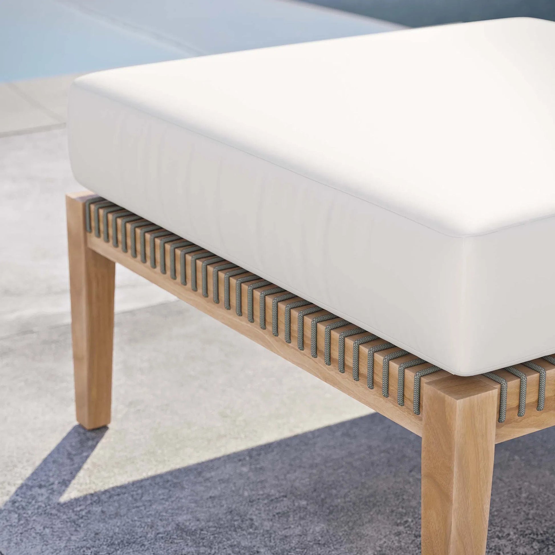 Cooper Teak Wood Ottoman by Evans & Londeen. Made from cartenza 130 white, cartenza 181 light brown, valtos 121 navy, quick dry foam, tack glides leg, weight capacity: 226kgs. in a modern style.