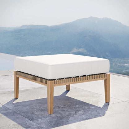 Cooper Teak Wood Ottoman by Evans & Londeen. Made from cartenza 130 white, cartenza 181 light brown, valtos 121 navy, quick dry foam, tack glides leg, weight capacity: 226kgs. in a modern style.