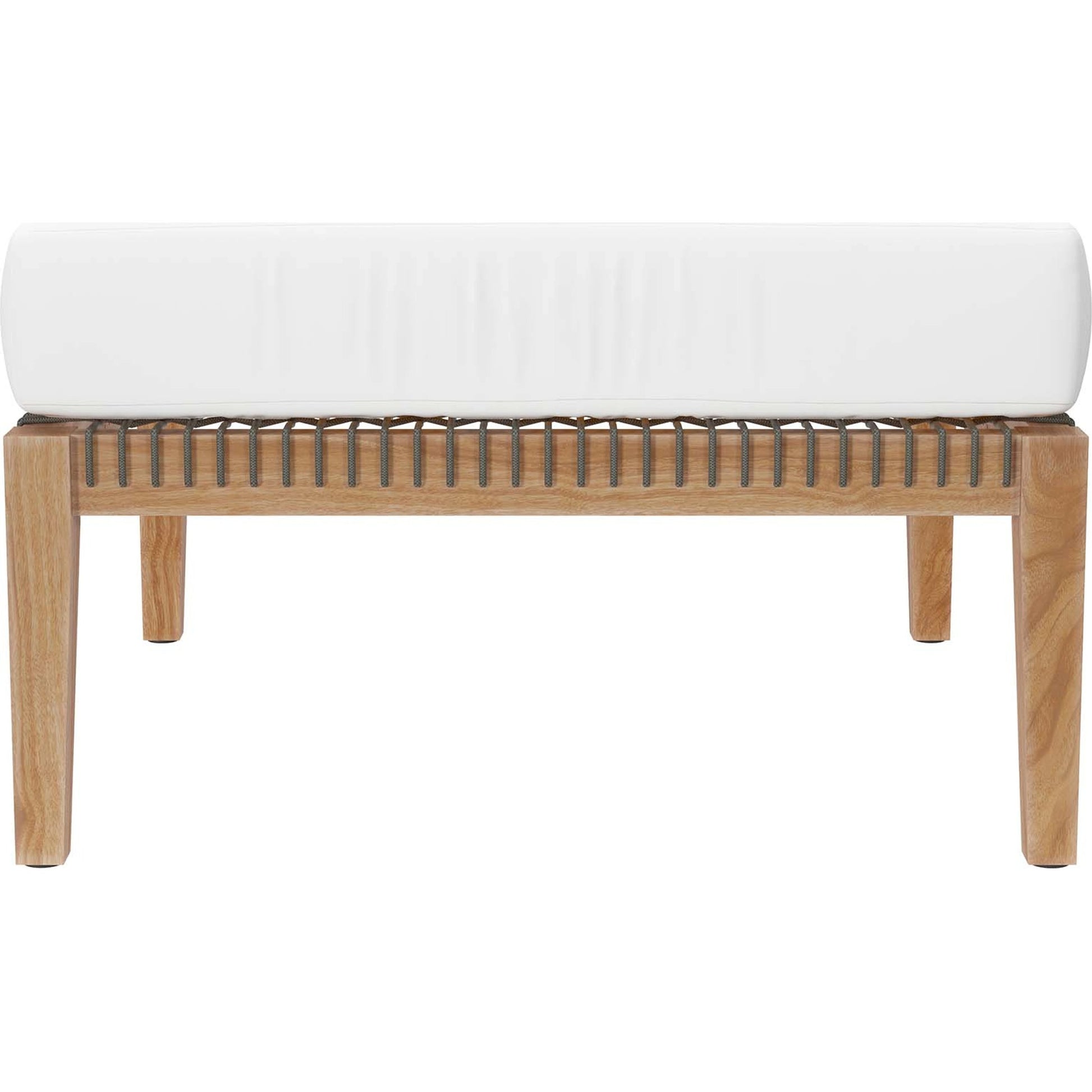 Cooper Teak Wood Ottoman by Evans & Londeen. Made from cartenza 130 white, cartenza 181 light brown, valtos 121 navy, quick dry foam, tack glides leg, weight capacity: 226kgs. in a modern style.