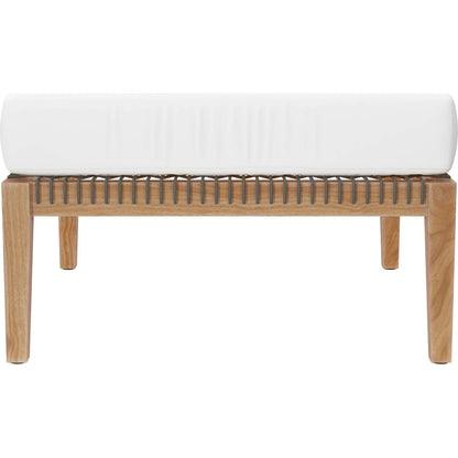 Cooper Teak Wood Ottoman by Evans & Londeen. Made from cartenza 130 white, cartenza 181 light brown, valtos 121 navy, quick dry foam, tack glides leg, weight capacity: 226kgs. in a modern style.