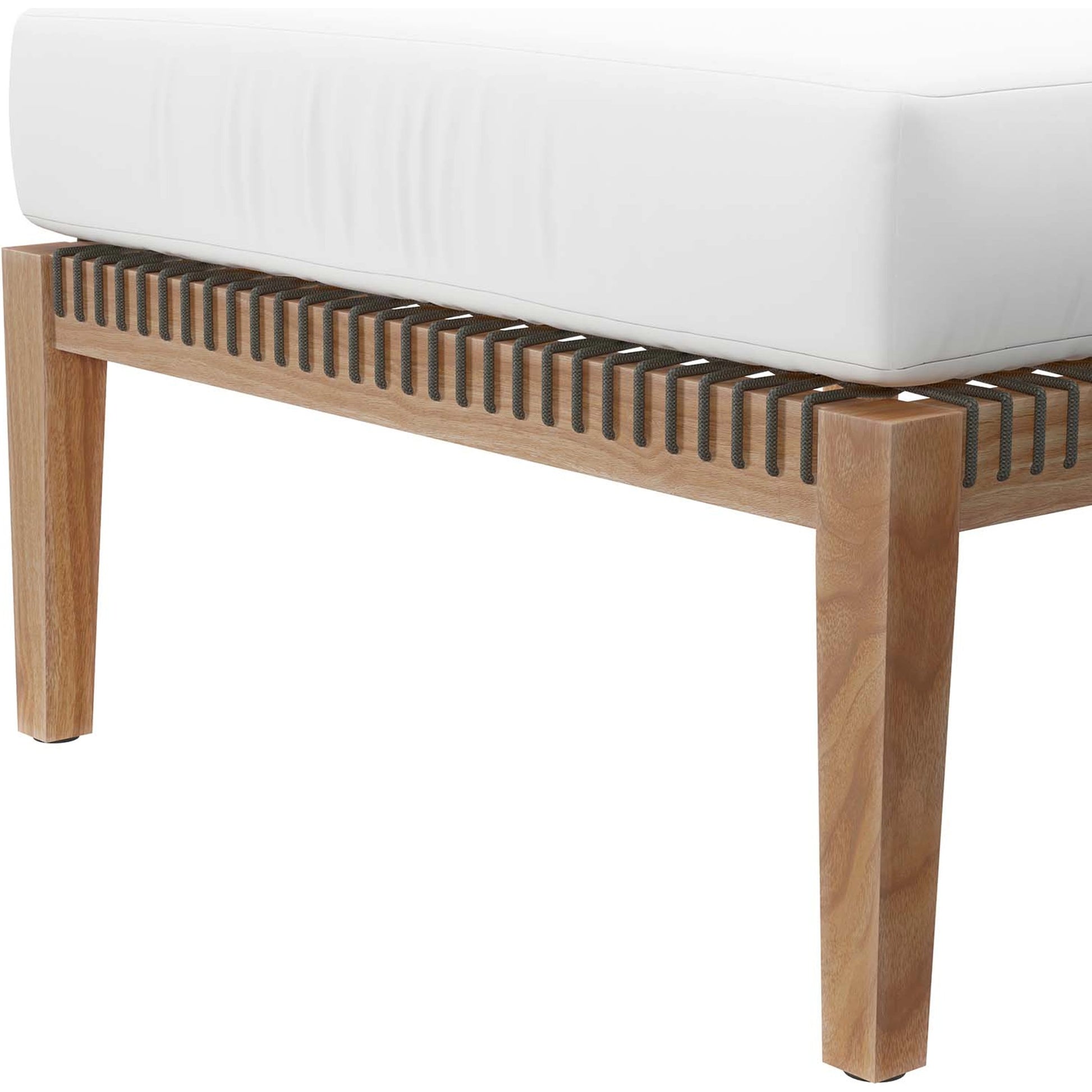 Cooper Teak Wood Ottoman by Evans & Londeen. Made from cartenza 130 white, cartenza 181 light brown, valtos 121 navy, quick dry foam, tack glides leg, weight capacity: 226kgs. in a modern style.