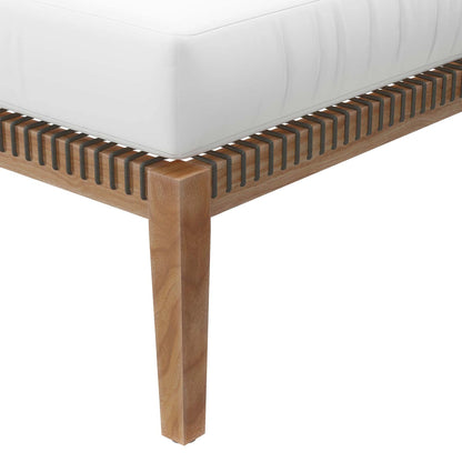 Cooper Teak Wood Ottoman by Evans & Londeen. Made from cartenza 130 white, cartenza 181 light brown, valtos 121 navy, quick dry foam, tack glides leg, weight capacity: 226kgs. in a modern style.