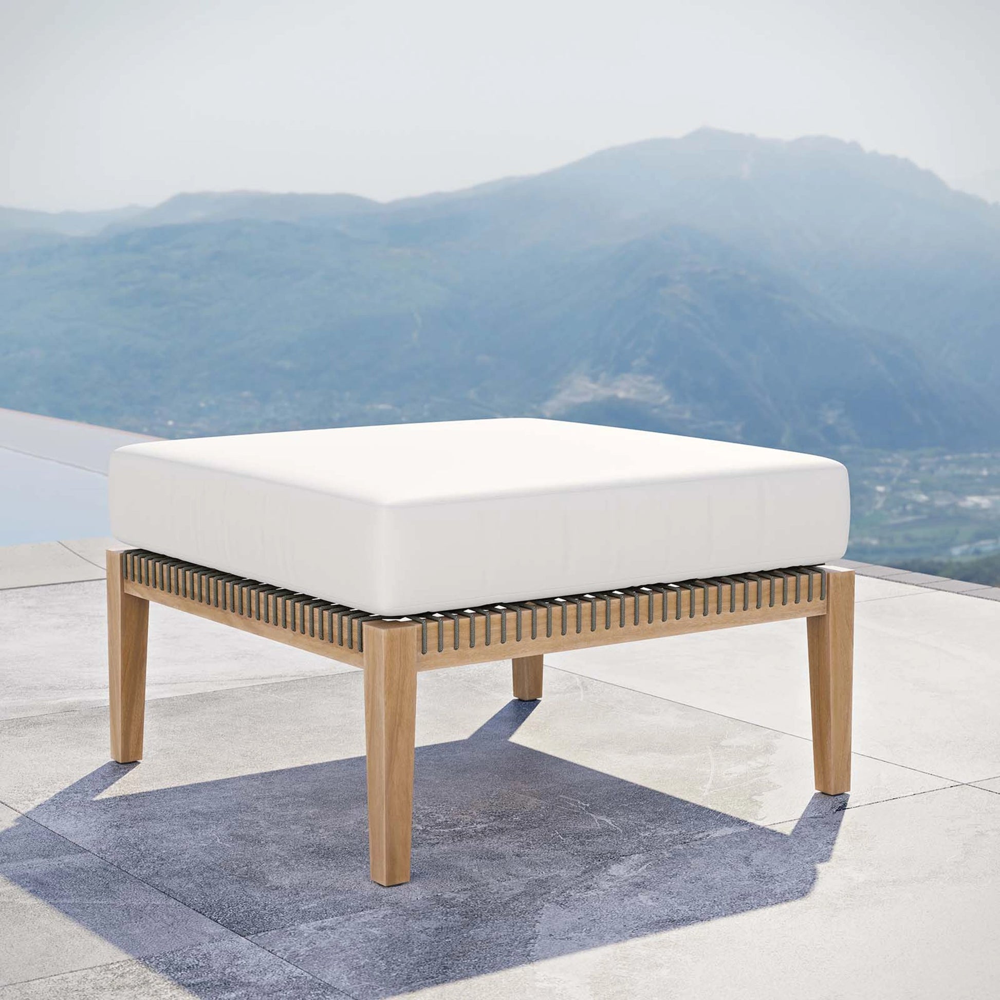 Cooper Teak Wood Ottoman by Evans & Londeen. Made from cartenza 130 white, cartenza 181 light brown, valtos 121 navy, quick dry foam, tack glides leg, weight capacity: 226kgs. in a modern style.