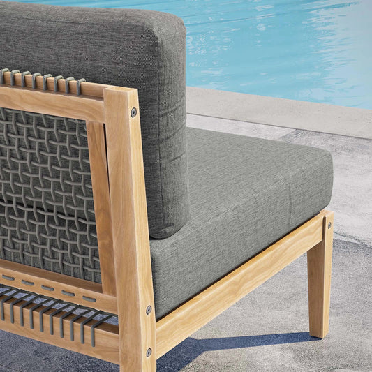 Cooper Teak Wood Armless Chair by Evans & Londeen. Made from teak wood, cartenza 130 white, cartenza 181 light brown, valtos 121 navy, quick dry foam, weight capacity: 226kgs. in a modern style.