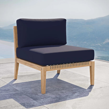 Cooper Teak Wood Armless Chair by Evans & Londeen. Made from teak wood, cartenza 130 white, cartenza 181 light brown, valtos 121 navy, quick dry foam, weight capacity: 226kgs. in a modern style.