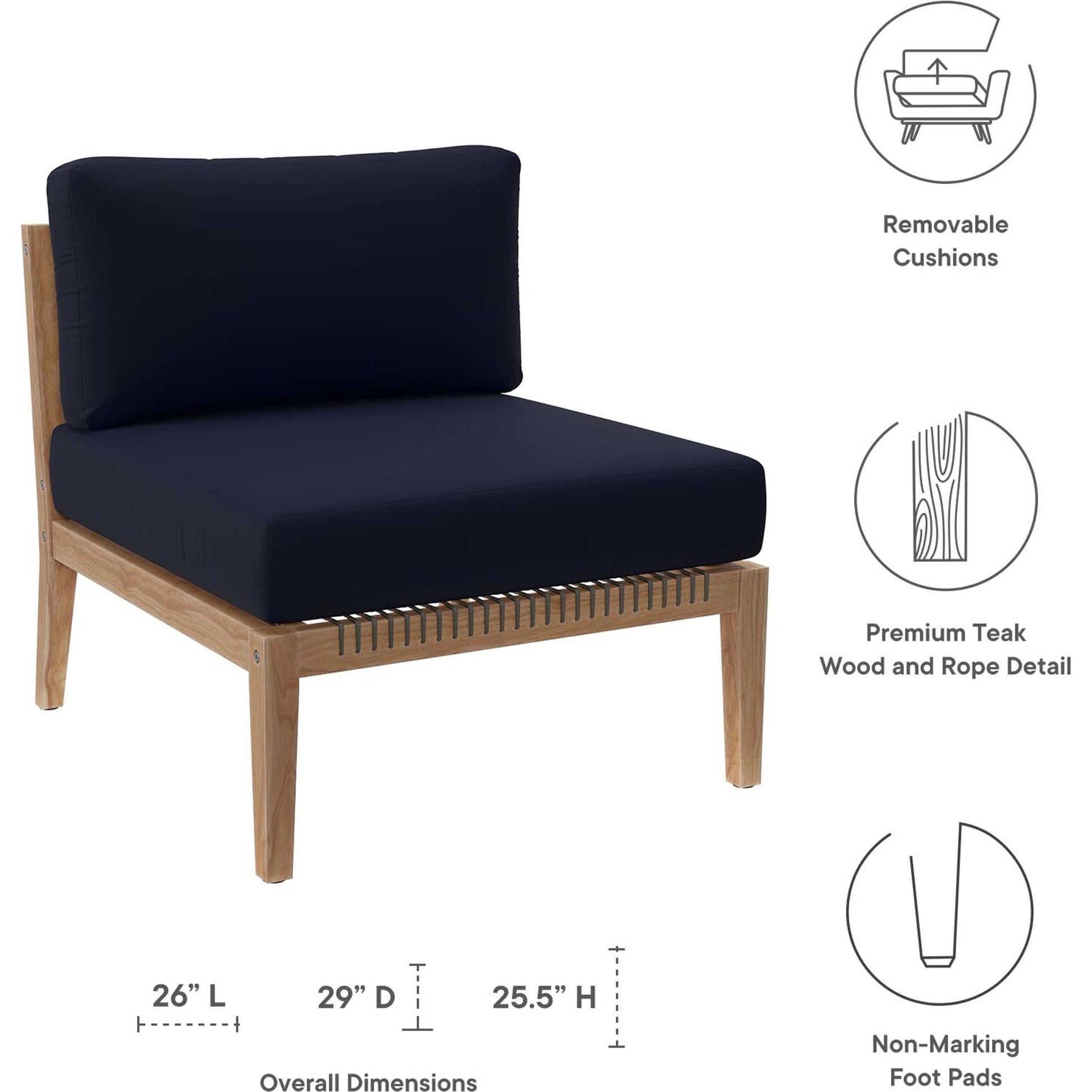 Cooper Teak Wood Armless Chair by Evans & Londeen. Made from teak wood, cartenza 130 white, cartenza 181 light brown, valtos 121 navy, quick dry foam, weight capacity: 226kgs. in a modern style.