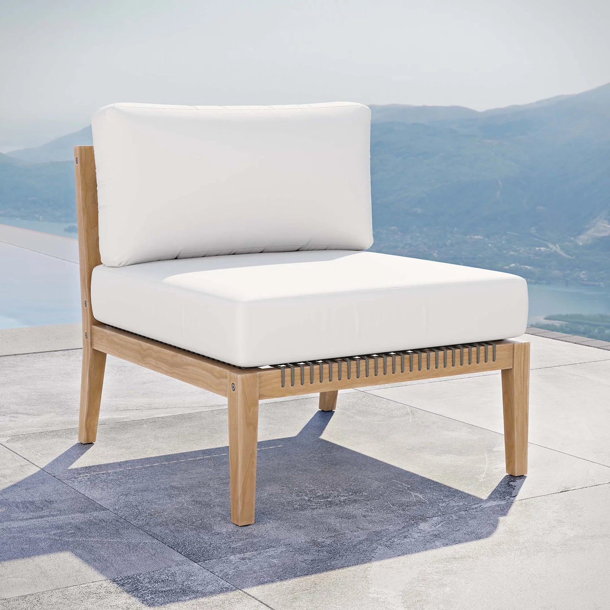 Cooper Teak Wood Armless Chair by Evans & Londeen. Made from teak wood, cartenza 130 white, cartenza 181 light brown, valtos 121 navy, quick dry foam, weight capacity: 226kgs. in a modern style.