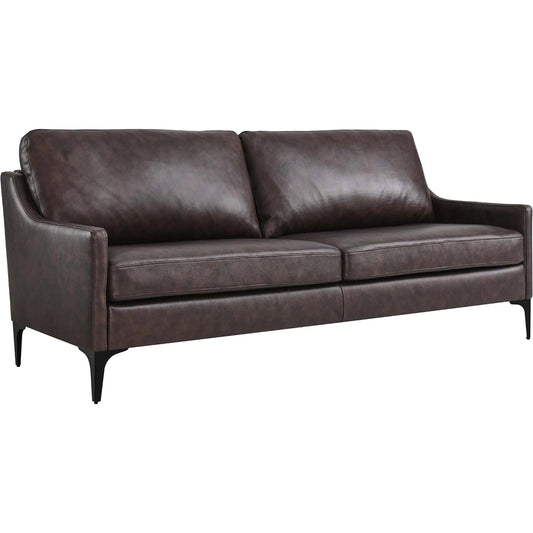 Copeland Sofa by Evans & Londeen. Made from wood frame, zigzag spring, seat: 3 layer foam, bottom: foam with density 30kg, m3, skyline leather with pvc, metal legs powder coated in matte black, plywood in a modern style.