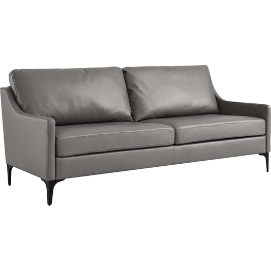 Copeland Sofa by Evans & Londeen. Made from wood frame, zigzag spring, seat: 3 layer foam, bottom: foam with density 30kg, m3, skyline leather with pvc, metal legs powder coated in matte black, plywood in a modern style.