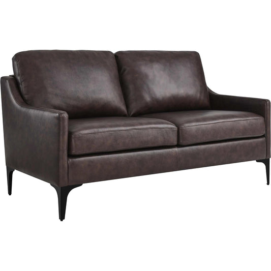 Copeland Loveseat by Evans & Londeen. Made from wood frame, zigzag, seat: 3 layer foam, bottom: foam with density 30kg, m3, skyline leather with same color pvc, metal legs powder coated in matte black, plywood in a modern st