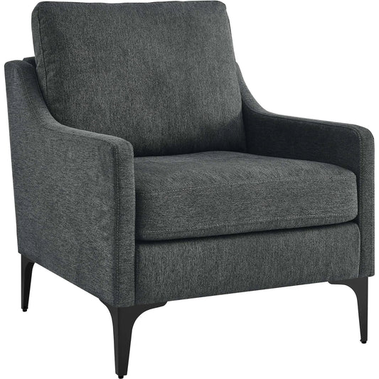 Copeland Armchair by Evans & Londeen. Made from wood frame, zigzag spring, 100% polyester, metal legs powder coated in matte black, bottom is with white foot pins, middle leg is black plastic, plywood in a modern style.