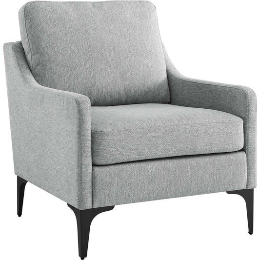Copeland Armchair by Evans & Londeen. Made from wood frame, zigzag spring, 100% polyester, metal legs powder coated in matte black, bottom is with white foot pins, middle leg is black plastic, plywood in a modern style.