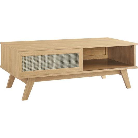 Oldham Coffee Table by Evans & Londeen. Made from particle board, paper, mdf, rattan, weight capacity: top panel : 189 lbs, bottom panel : 44 lbs in a modern style.