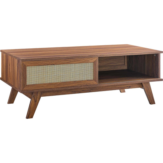 Oldham Coffee Table by Evans & Londeen. Made from particle board, paper, mdf, rattan, weight capacity: top panel : 189 lbs, bottom panel : 44 lbs in a modern style.